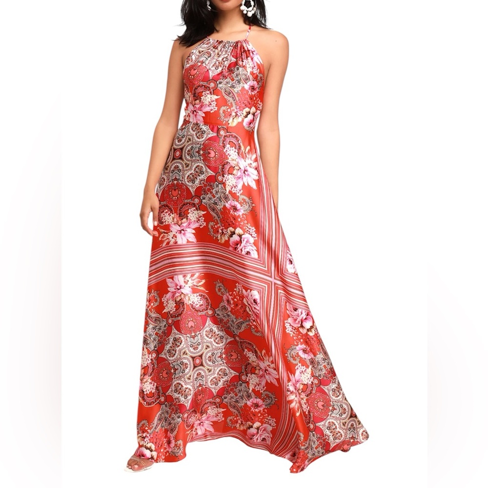LULUS RED SCARF PRINT MAXI DRESS